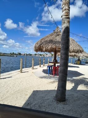 Tiki Palapa Beach Umbrella with Colorful Bar Stools - Natural Straw